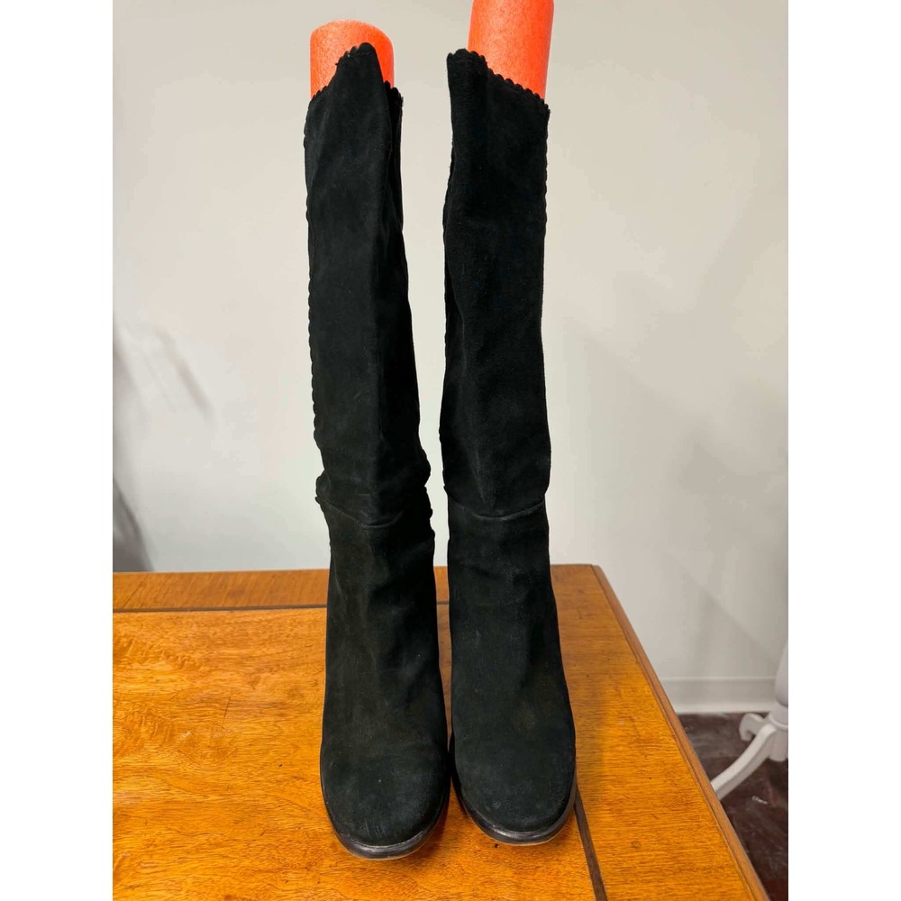 Boden Black Suede Scalloped Knee High Block Heel Boots A1069 Size 39